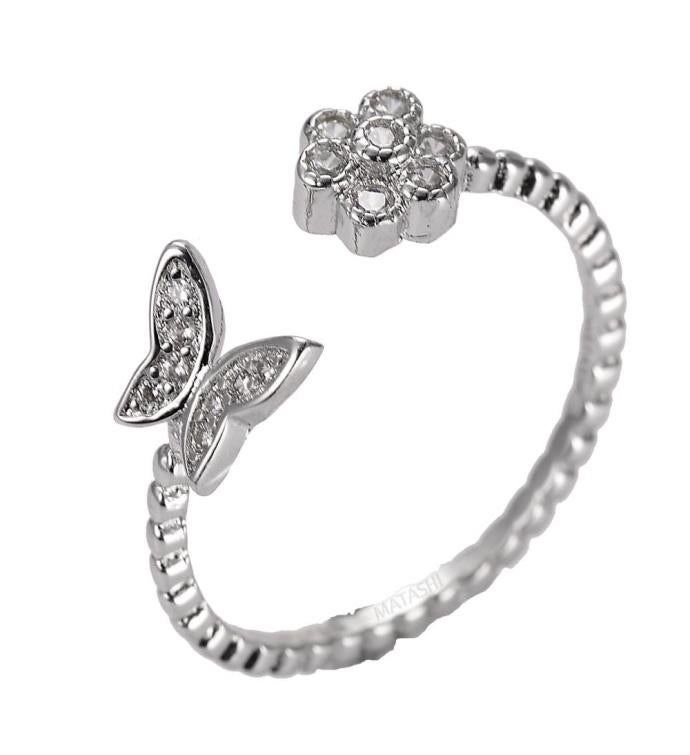 Matashi Rhodium Plated Flower Butterfly Zircon Open Ring For Women