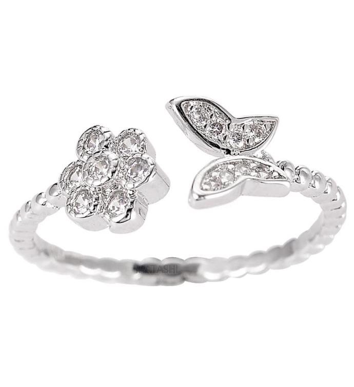 Matashi Rhodium Plated Flower Butterfly Zircon Open Ring For Women