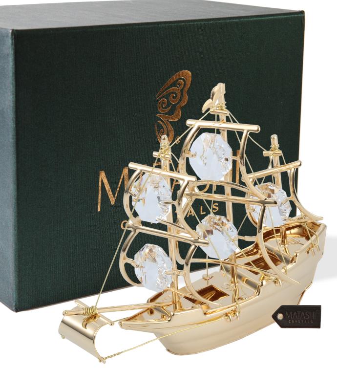 24k Gold Plated Crystal Studded Mayflower Sailing Ship Ornament By Matashi