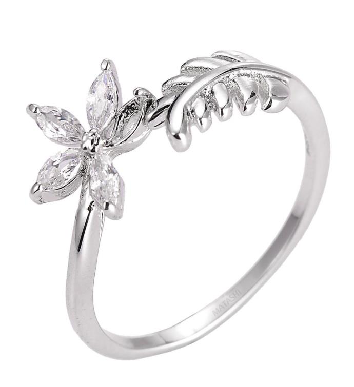 Matashi Rhodium Plated Flower Zircon Open Statement Ring For Women