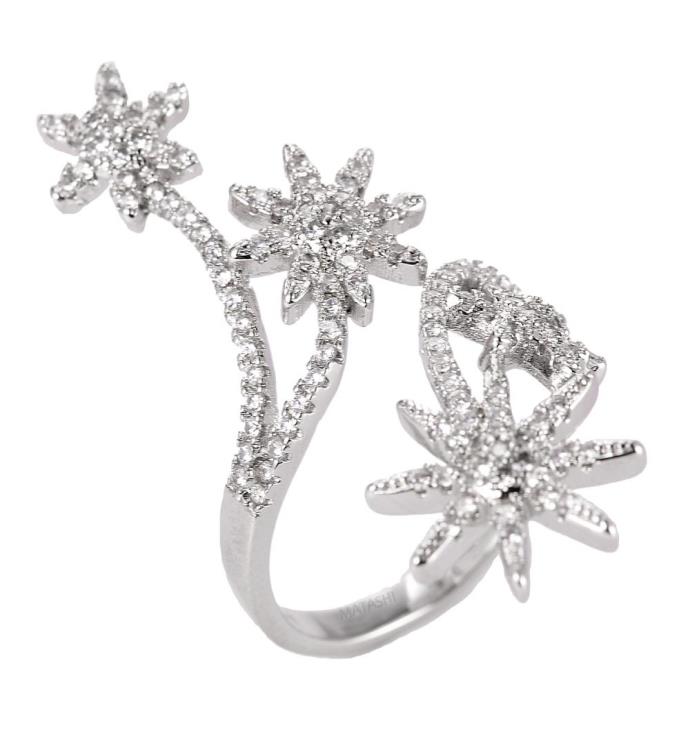 Matashi Rhodium Plated Women's  Zirconia Flower Ring Gift For Her