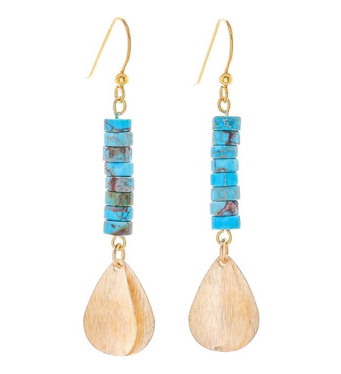 Novica Sea Gold Brass And Reconstituted Turquoise Dangle Earrings