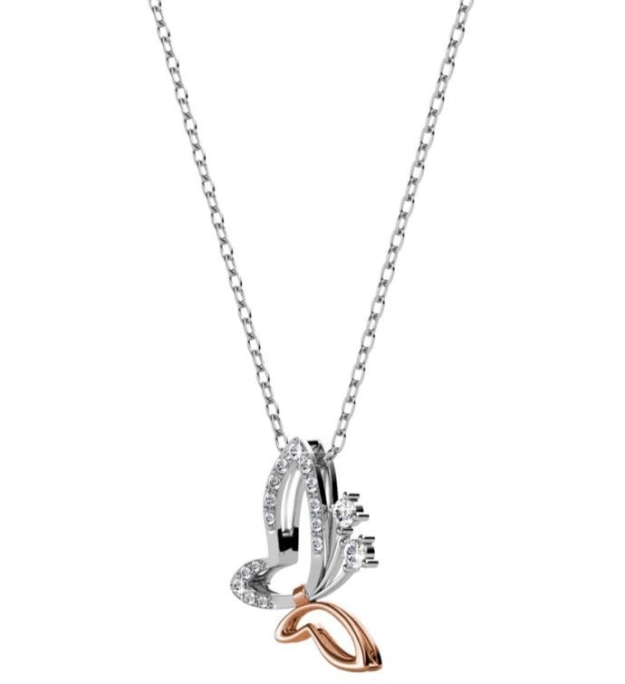 Matashi White Gold, Rose Gold Plated Butterfly Pendant Necklace W/ Crystals