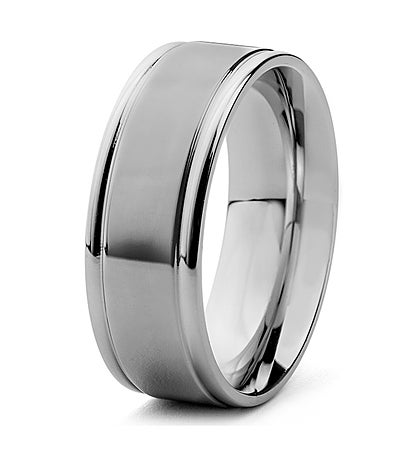 Men's Brushed Stainless Steel And Polished Grooved Ring (8mm)