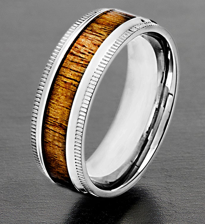 Men's Polished Stainless Steel Wood Inlay Ridged Edge Ring