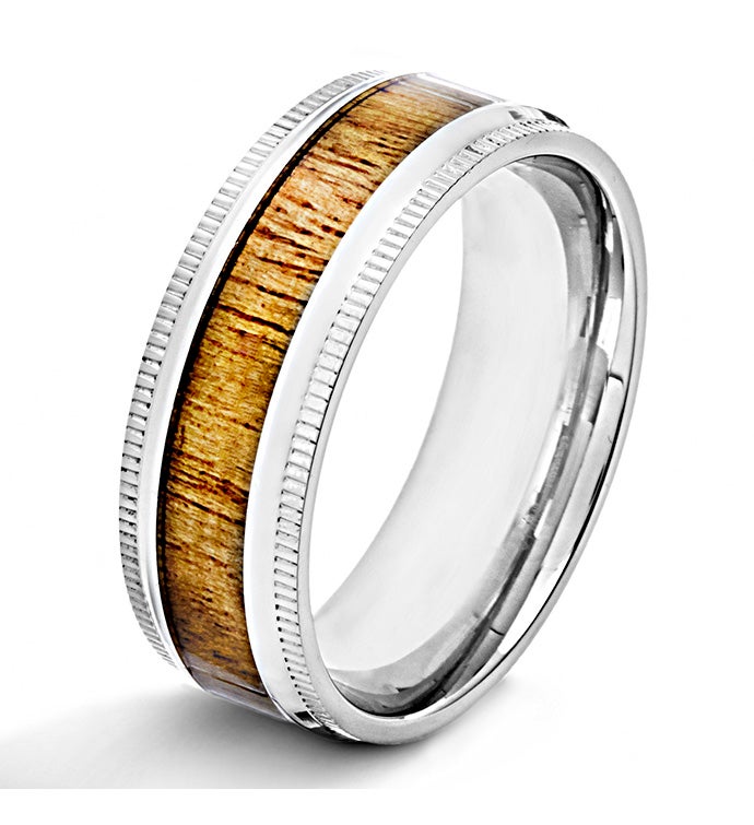 Men's Polished Stainless Steel Wood Inlay Ridged Edge Ring