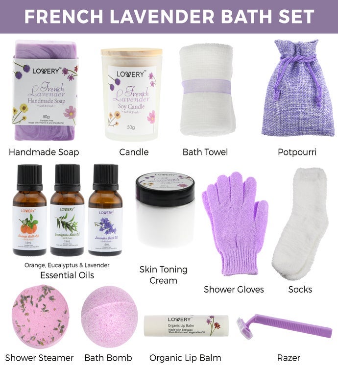 Handmade Bath Gift - 18pc French Lavender Spa Gift Basket For Women & Men