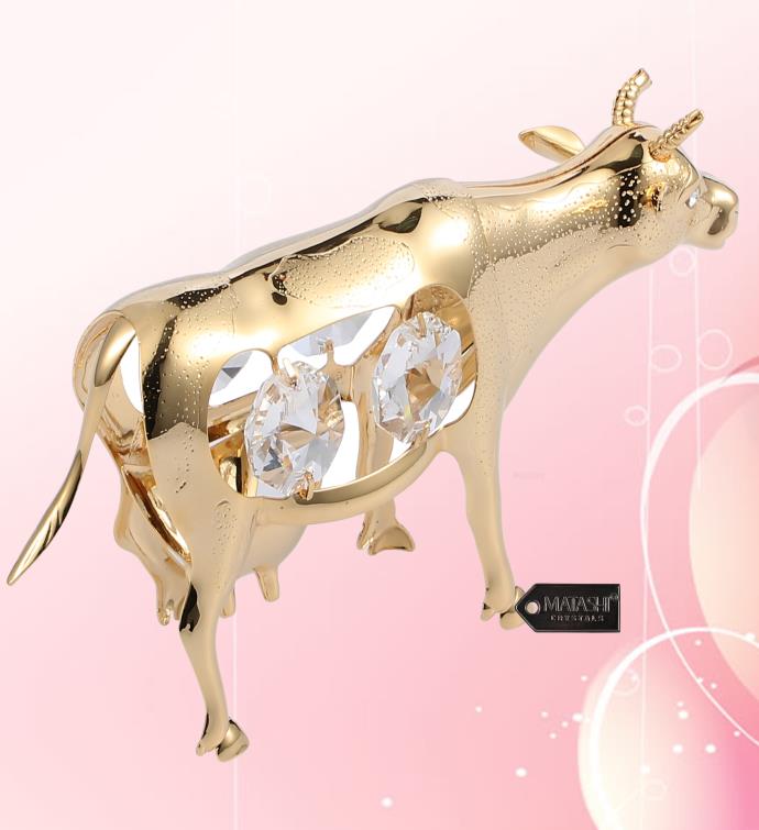 24k Gold Plated Crystal Studded Cow Figurine Ornament By Matashi