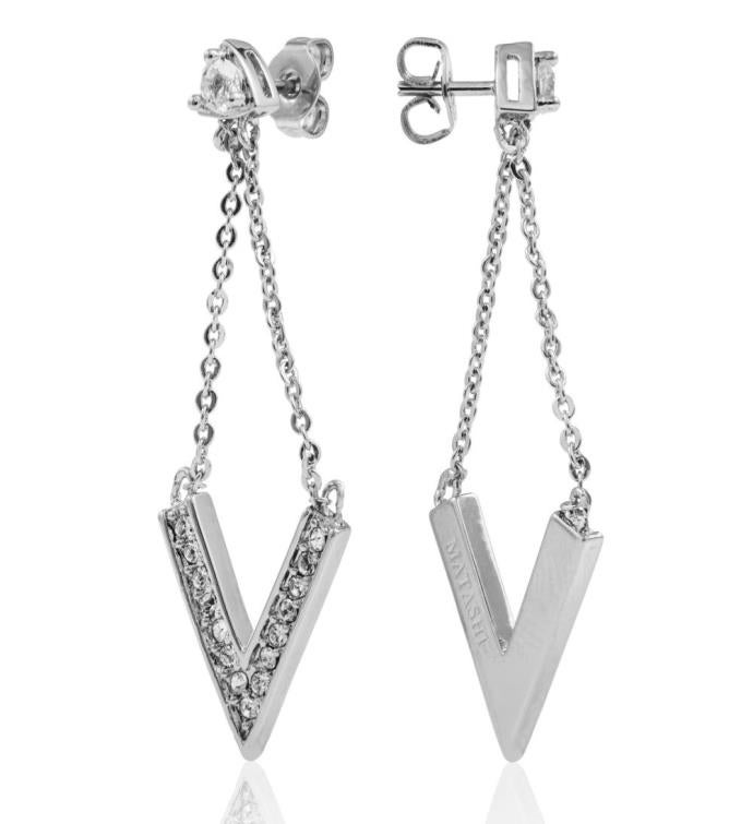 Matashi 18k White Gold Plated Delta V Design Earrings W/ Clear Crystals