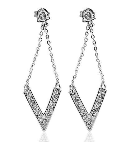 Matashi 18k White Gold Plated Delta V Design Earrings W/ Clear Crystals