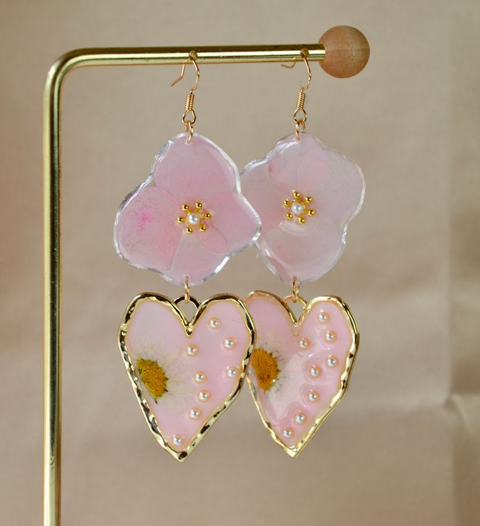 Pressed Pink Hydrangea And Daisy Heart Earrings