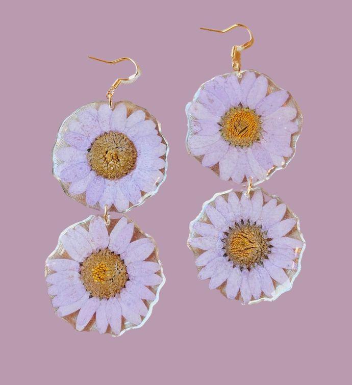 Pressed Purple Daisy Flower Earrings