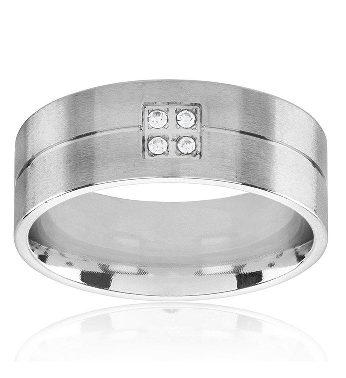 Men's Crystal Satin Finish Stainless Steel Grooved Ring