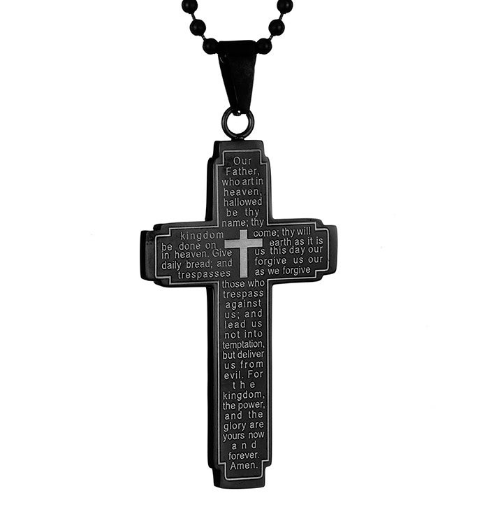 Polished Black Plated Stainless Steel Lord's Prayer Cross Pendant