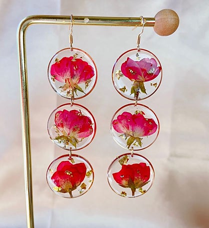 Pressed Rose Flower Dangle Earrings
