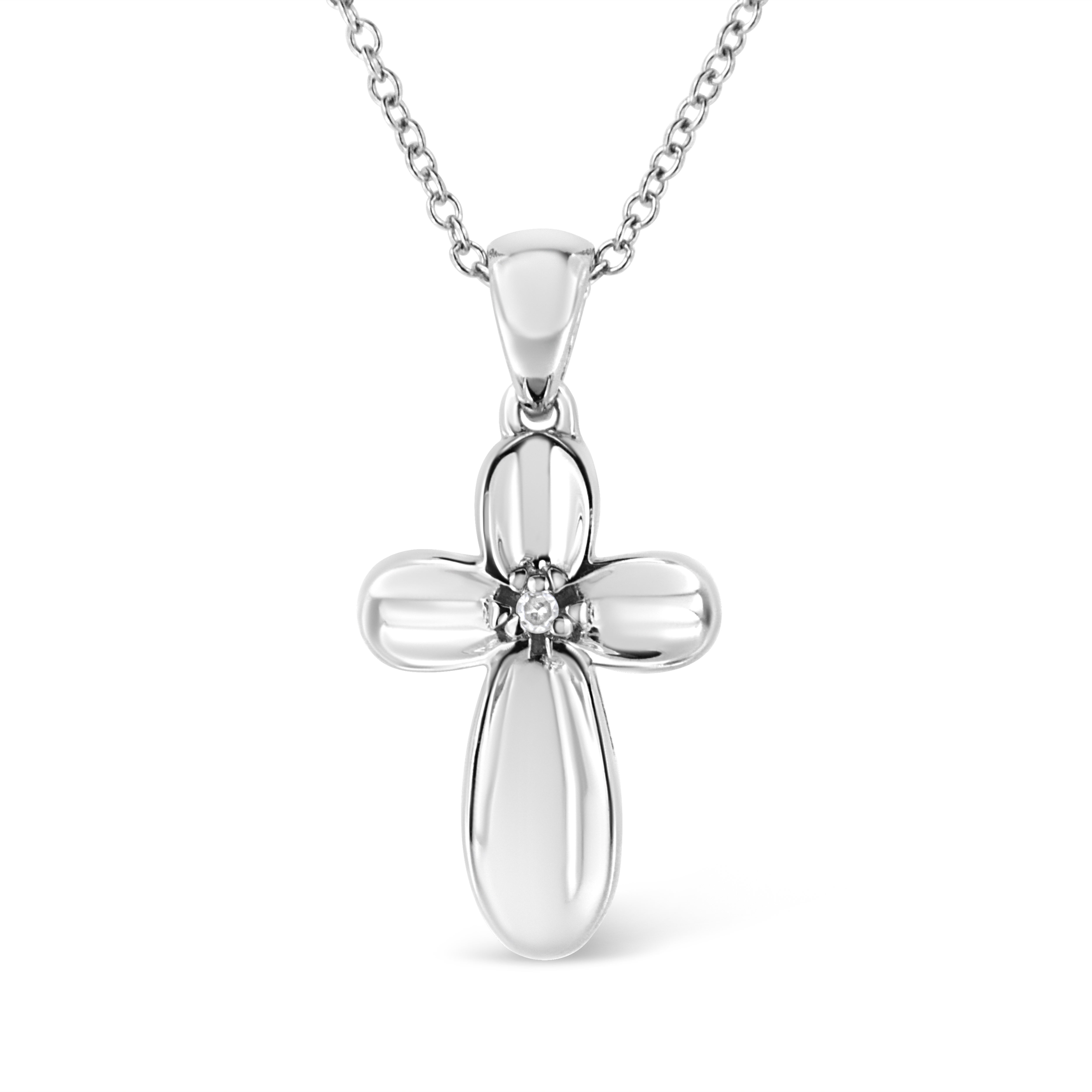 .925 Sterling Silver Prong set Diamond Accent Floral Cross 18" Pendant Neck