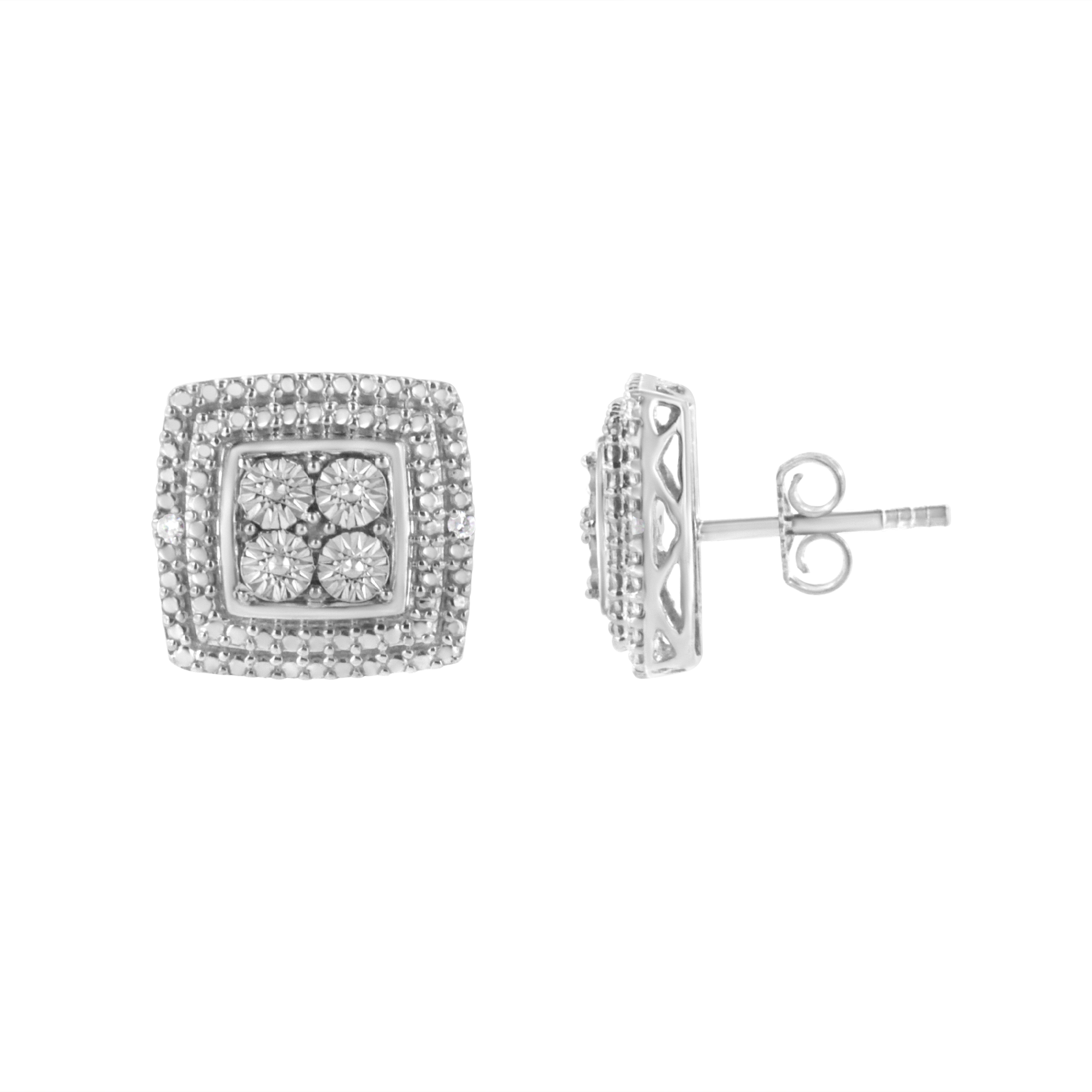 Silver Diamond Square Shaped Milgrain Earrings