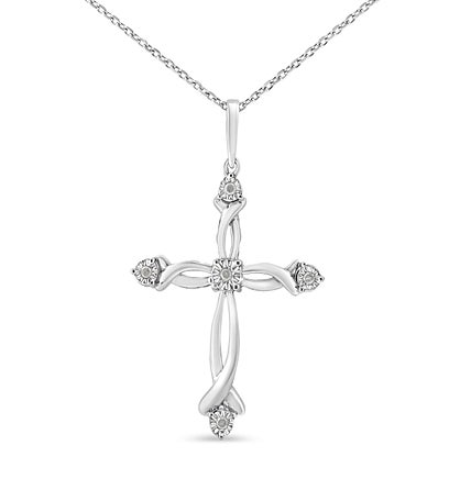Sterling Silver Round Diamond Accent Cross Pendant Necklace