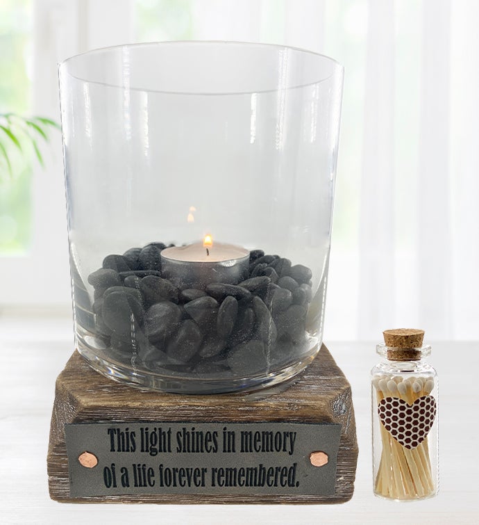 Forever Remembered Wooden Hurricane Tea Light Candle Holder And Match Set