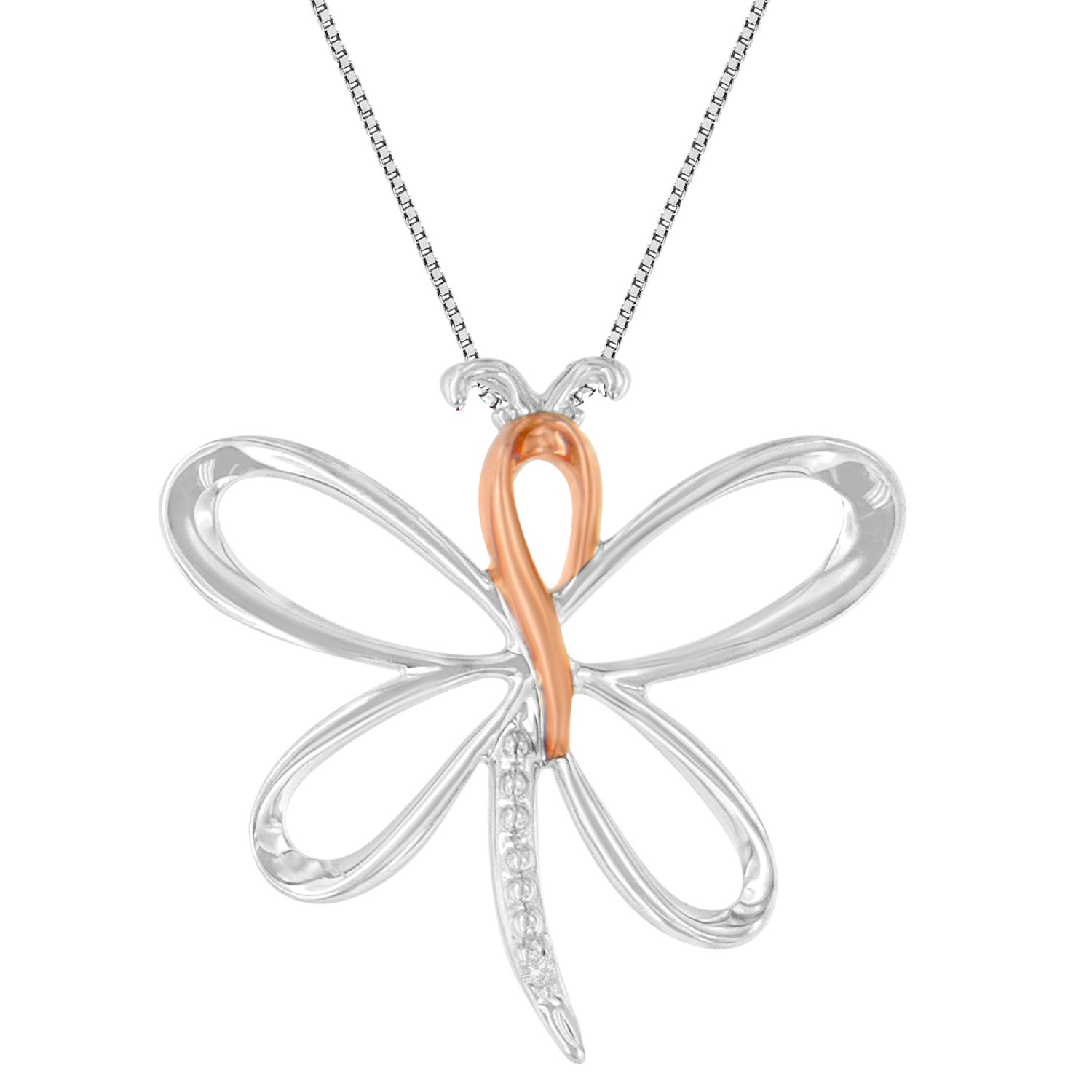 Two toned Sterling Silver Diamond Dragonfly Pendant Necklace