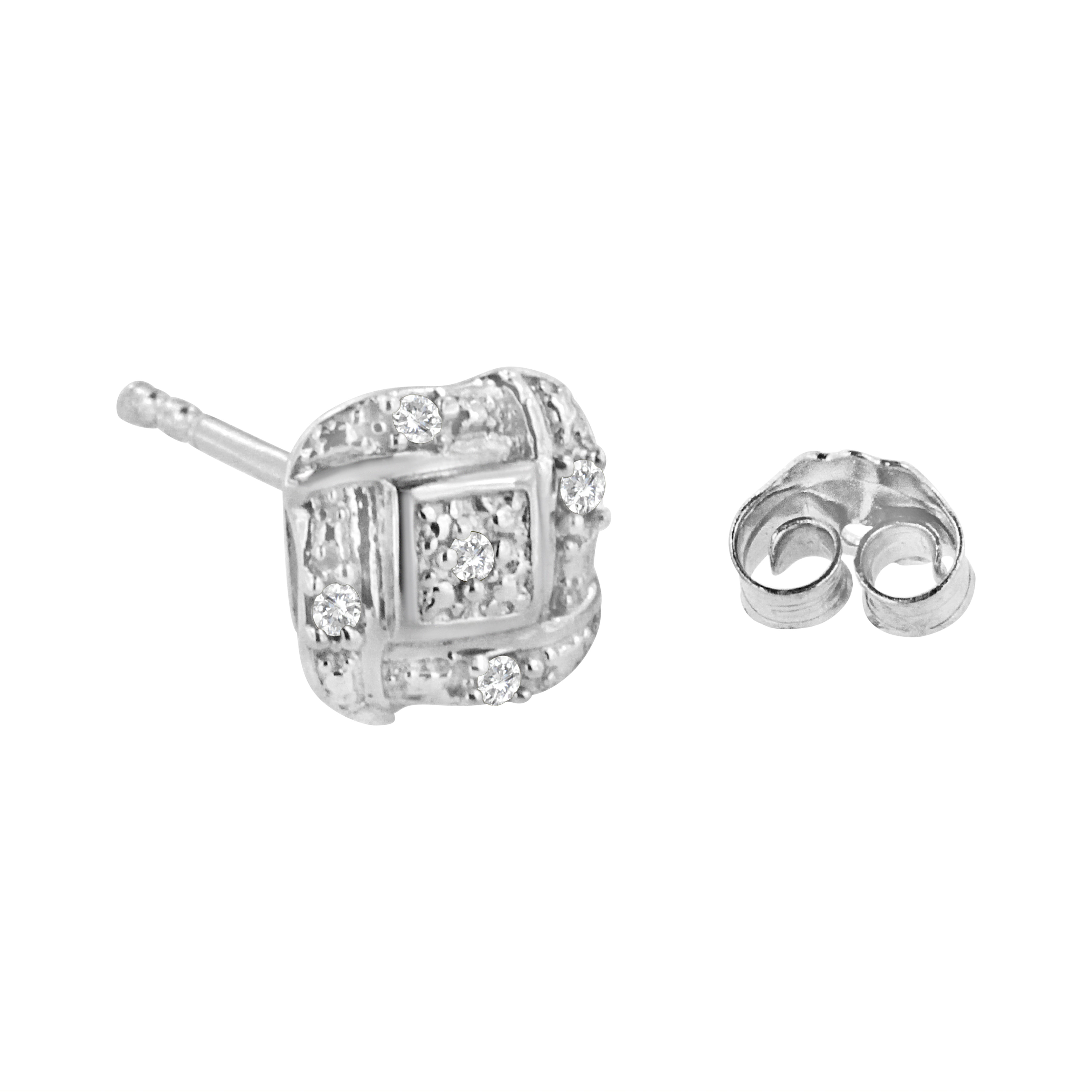 Sterling Silver Round Diamond Swirl Square Knot Stud Earring