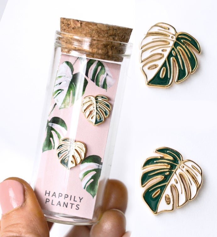 Variegated Monstera Albo Stud Earring 18k Gold