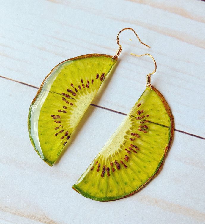 Real Dried Kiwi Fruit Resin Coated Earrings