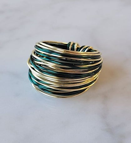 Marcia Wire Wrap Ring in Green & Gold Over Cu 
