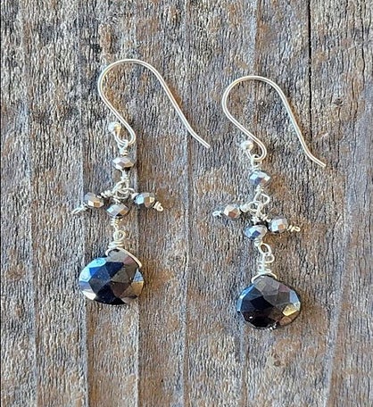 Black Spinel Drop Earrings W/ Pyrite Accent Beads
