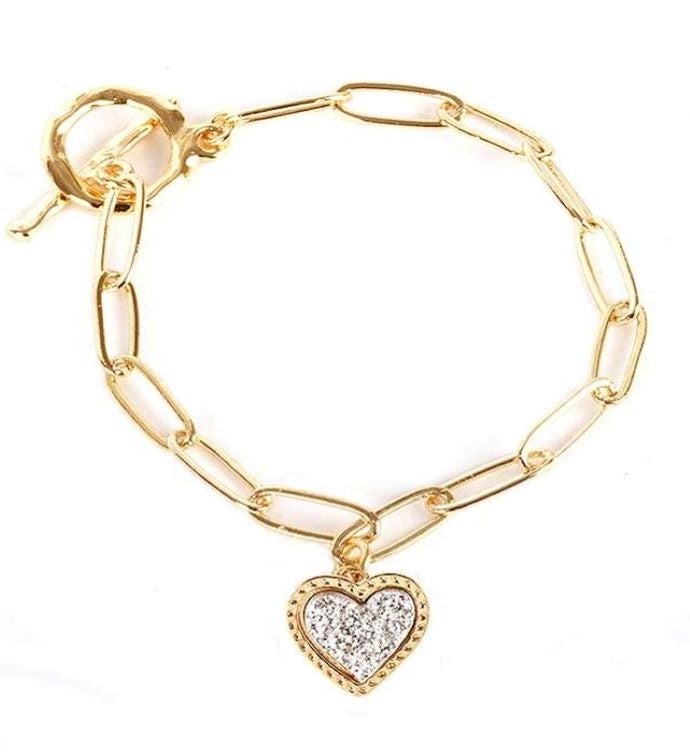 Gold Paperclip Chain Toggle Bracelet W/ Gold Druzy Heart Pendant
