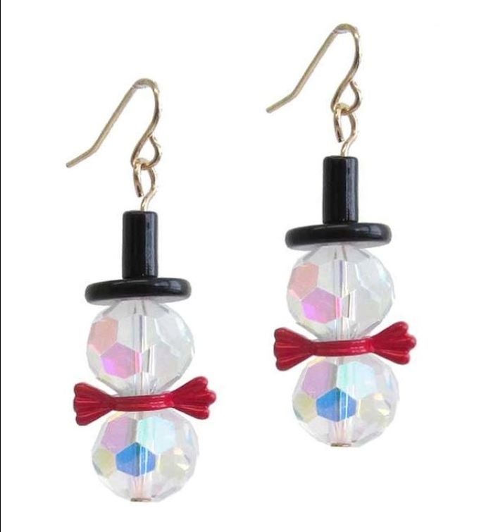 Iridescent Crystal Snowman Holiday Drop Earrings