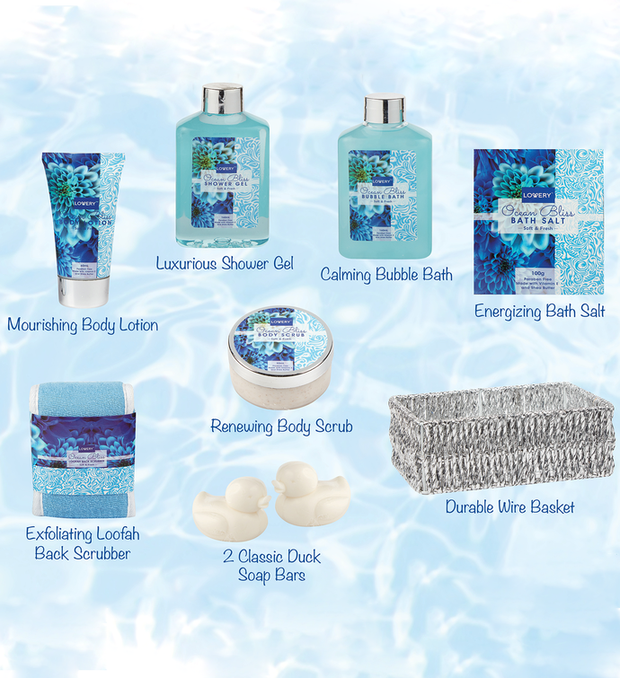 Luxury Home Spa Gift Basket - Ocean Bliss Scent - 9pc Set