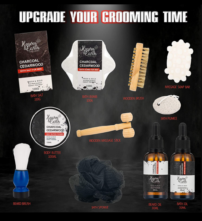 Men's Gift Set 18 piece Grooming Kit. Charcoal Cedarwood, Natural