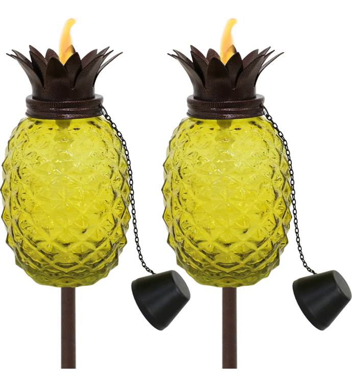Tropical Pineapple 3 in 1 Yellow Glass Outdoor Torches   Set Of 2