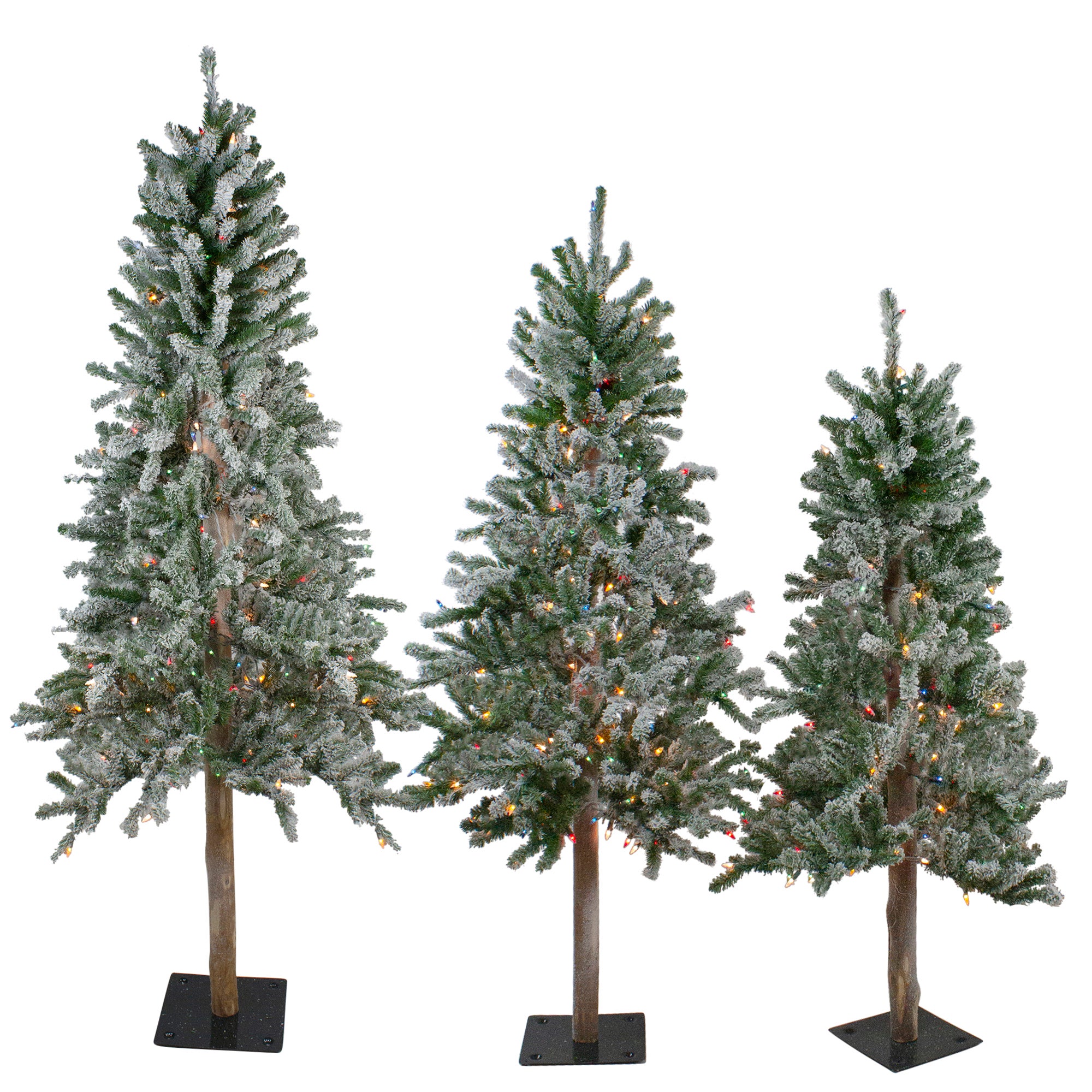Set Of 3 Pre lit Slim Flocked Alpine Artificial Christmas Trees 3', 4', 6'