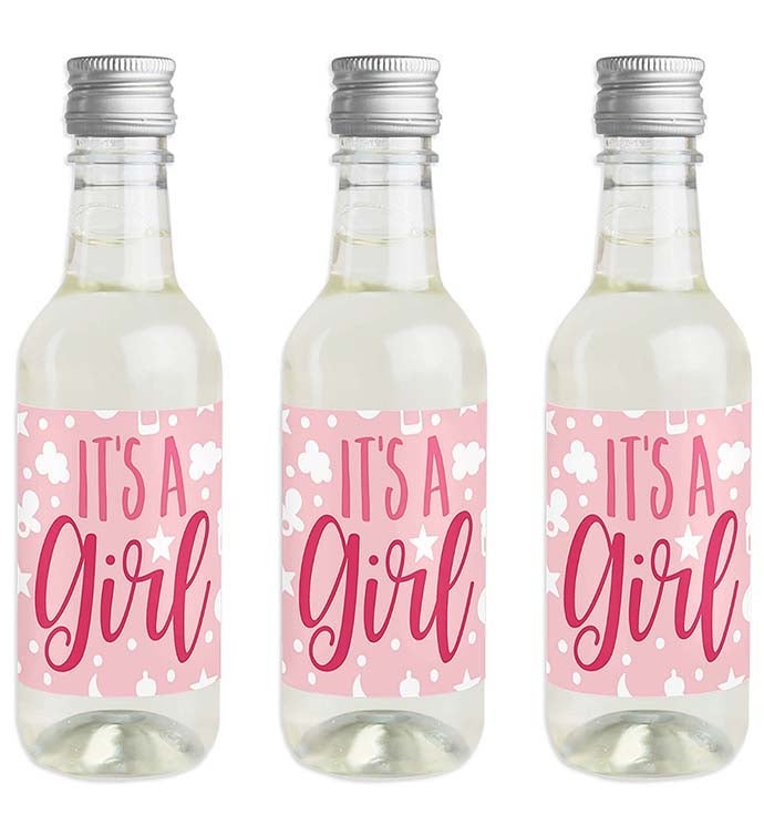 It's A Girl   Mini Wine Bottle Label Stickers Baby Shower Favor Gift 16 Ct