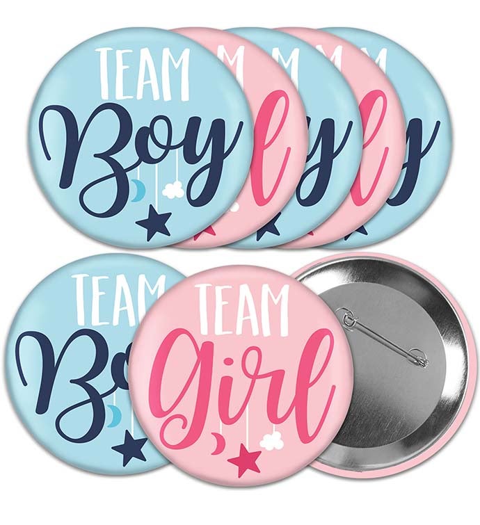 Team Boy Or Girl   3 In Baby Gender Reveal Party Badge Pinback Buttons 8 Ct