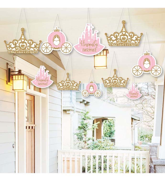 Hanging Little Princess Crown   Outdoor Hanging Pink & Gold Decor 10 Pc
