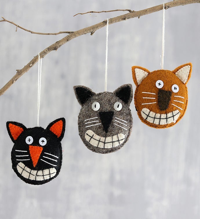 Novica Handmade Halloween Cats Wool Felt Ornaments