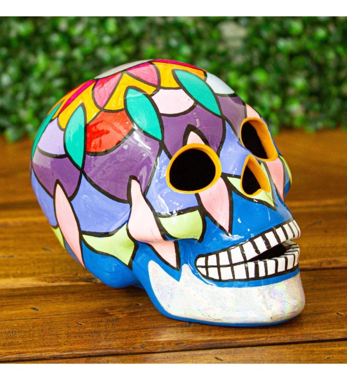 Novica Handmade Rainbow Skull Ceramic Sculpture