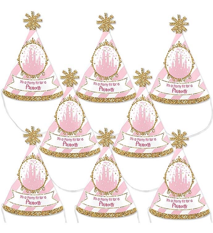 Little Princess Crown   Mini Cone Pink & Gold Small Party Hats   8 Ct