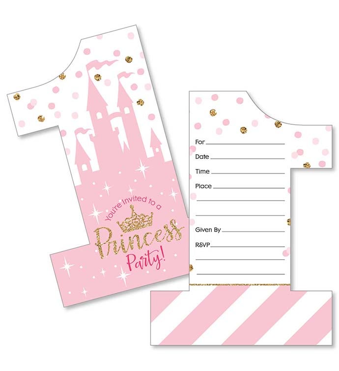 1st Birthday Little Princess Crown Shaped Fill in Invites & Envelopes 12 Ct