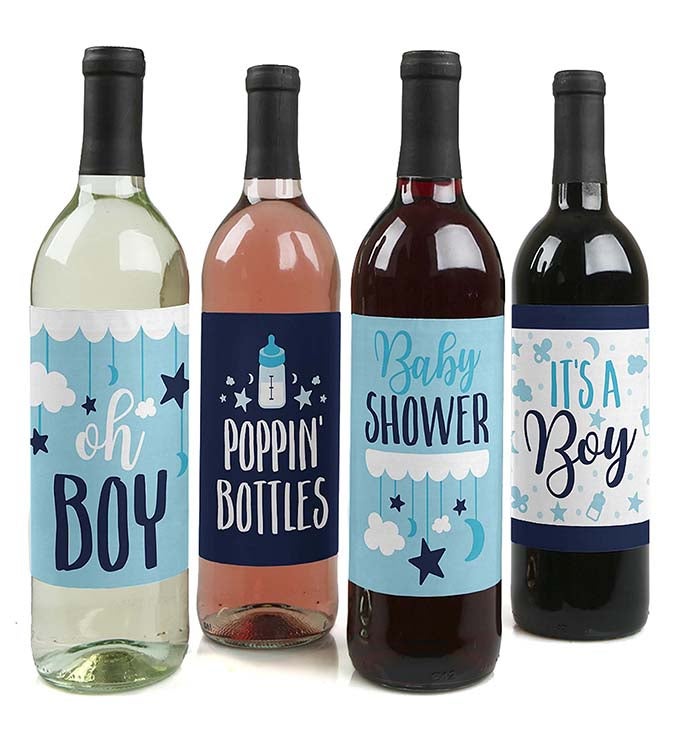 It's A Boy   Blue Baby Shower Decor   Wine Bottle Label Stickers   4 Ct
