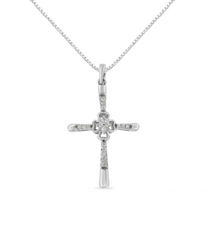 .925 Sterling Silver 1/10 Cttw Prong Set Diamond Cross 18" Pendant Necklace