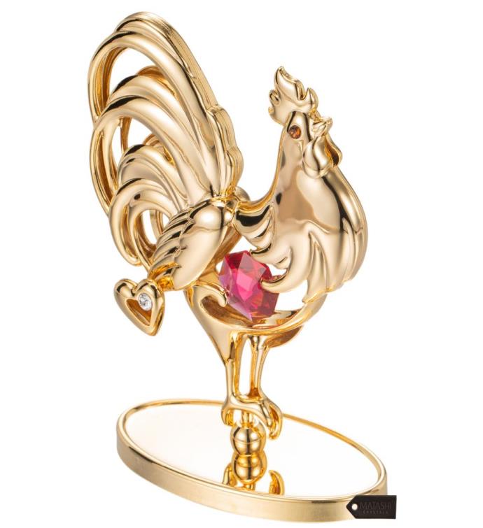 Matashi 24k Gold Plated Crystal Studded Rooster Ornament W Red Crystals