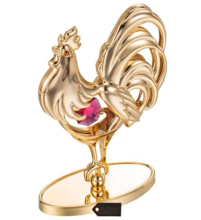 Matashi 24k Gold Plated Crystal Studded Rooster Ornament W Red Crystals