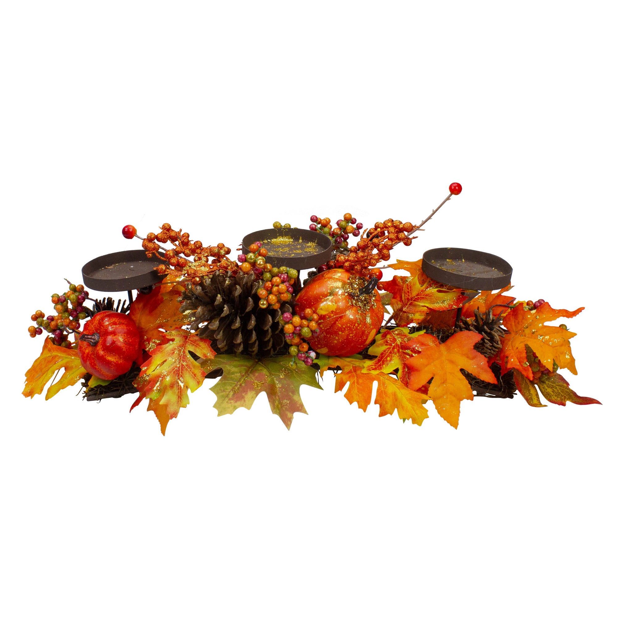 21" Orange Fall Harvest Leaves And Pumpkins Candle Holder