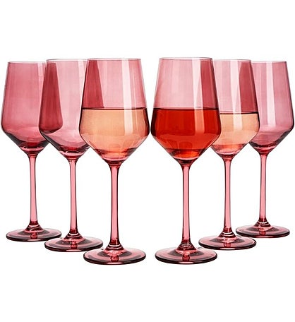 Hand Blown Italian Style Rose Colored Wine Glasses - Set Of 6
