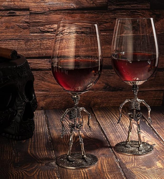 Set Of 2 Stemmed Skeleton Wine Glasses   12 Oz, 10" High