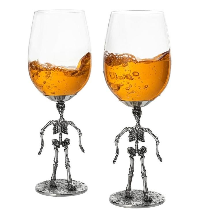 Set Of 2 Stemmed Skeleton Wine Glasses   12 Oz, 10" High